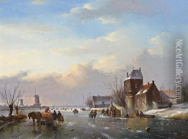 Skaters On A Frozen Water Way Near A Koek En Zopie Oil Painting - Jan Jacob Coenraad Spohler