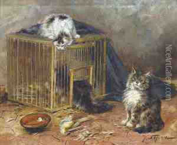 Drei Katzchen Bei Einem Vogelkafig Oil Painting - Jules Leroy