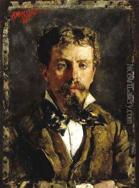 Portrait of a young gentleman, wearing a white shirt, cravatte and brown waistcoat and jacket Oil Painting - Antonio Mancini