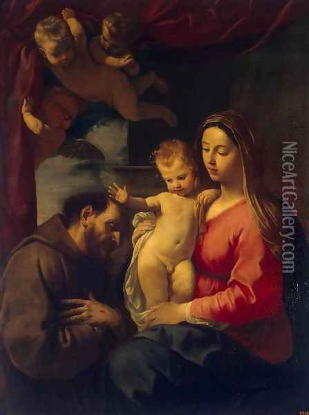 Virgin and Child with St Francis of Assisi Oil Painting - Simone Cantarini (Pesarese)