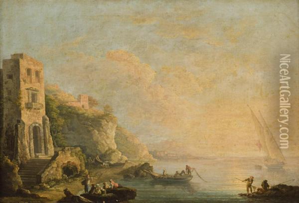 A) Pescatori All'alba A Marechiaro Con Vesuvio E Castel Dell'ovo Sullo Sfondo Oil Painting - Carlo Bonavia