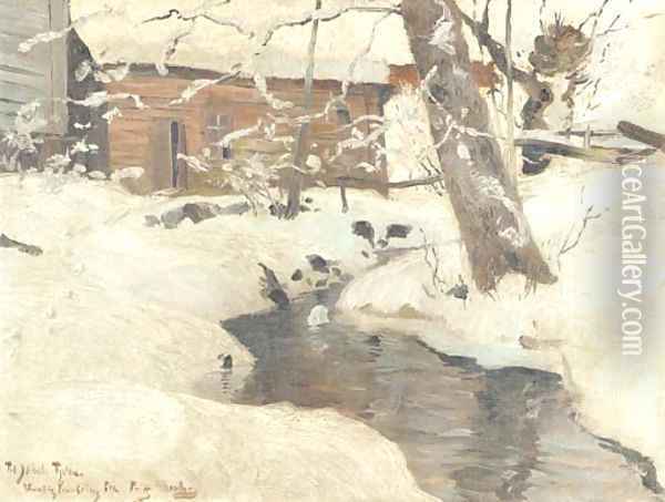A snow-covered cottage by a stream Oil Painting - Fritz Thaulow