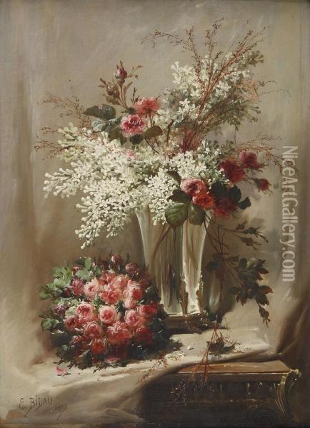 Bouquets De Fleurs Sur Un Entablement Oil Painting - Eugene Bidau