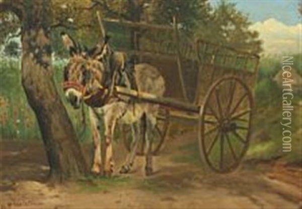 A Donkey Cart By A Tree Oil Painting - Simon Simonsen