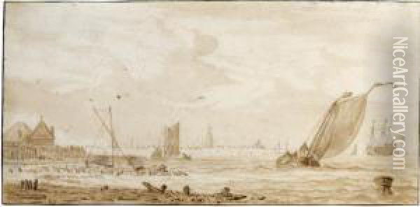 Fishing Boats And Merchant Ships On The Ij Before Amsterdam Oil Painting - Pieter Jansz. Coopse