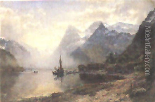 Fischersiedlung An Einem Norwegischen Fjord Oil Painting - Anders Monsen Askevold