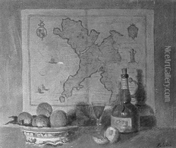 Still Life Of Fruit And A Bottle Before A Map Of North Wales Oil Painting - George Belcher
