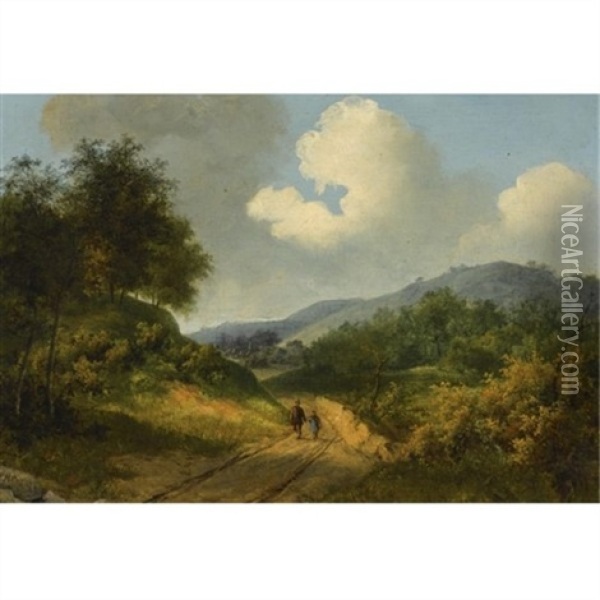 A Wooded Landscape With Travellers On A Track Oil Painting - Claus Hendrik Meiners