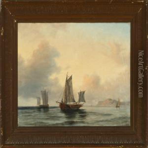 Coastal Scene Withsailing Ships In Calm Weather Oil Painting - Anton Melbye
