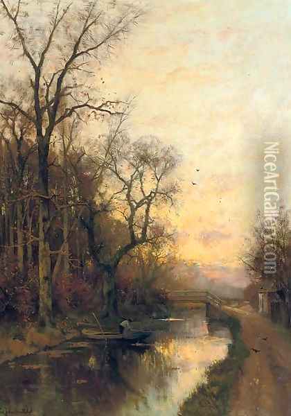 On the canal at sunset Oil Painting - Fredericus Jacobus Van Rossum Chattel