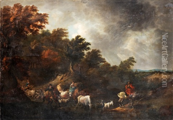 Italiserande Landskap Med Ridande Sallskap Oil Painting - Johannes van der Bent
