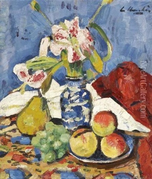 Still Life Of Lilies And Fruit Oil Painting - Leslie Hunter