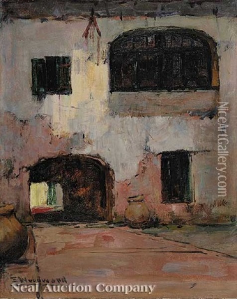 A Courtyard In The Old Quarter, New Orleans Oil Painting - Ellsworth Woodward