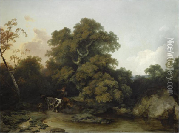 A Young Maid Watering The Cattle In A Wooded, River Landscape Oil Painting - Loutherbourg, Philippe de
