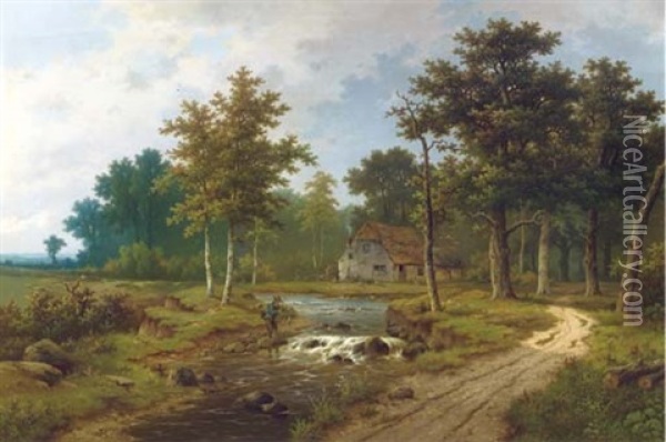 Fishing In A Forest Stream Oil Painting - Hendrik Pieter Koekkoek