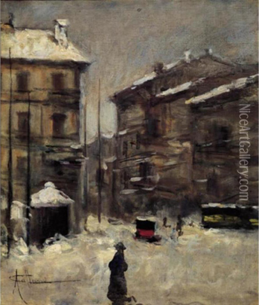 Vecchia Milano Sotto La Neve Oil Painting - Achille Cattaneo