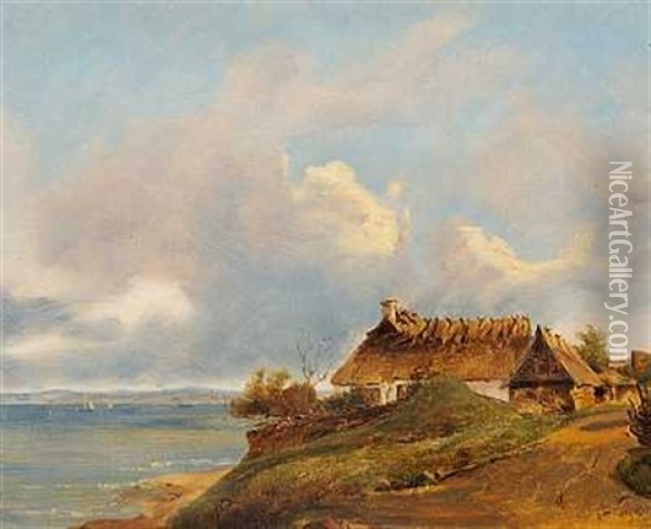 Kystparti Med Strataekte Huse, I Baggrunden Den Svenske Kyst Oil Painting - Vilhelm Peter Carl Petersen