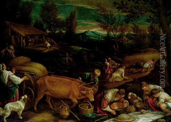 Summer: A Wooded Landscape With Peasants Harvesting, A Meal Being Laid Out In The Foreground Oil Painting - Francesco Bassano the Younger