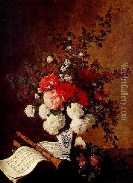 Hortensias, Pivoines, Partition Et Clarinette Oil Painting - Hippolyte Pierre Delanoy