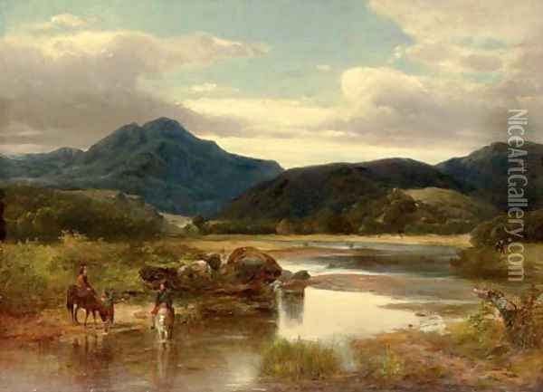 Horse Riders by a River; Scottish Countryside Two Works Oil Painting - William M. Hart