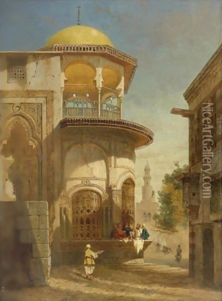 A Street Scene In Old Cairo Near The Ibn Tulun Mosque Oil Painting - Adrien Dauzats