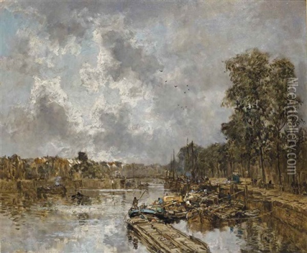 Sun And Clouds (nieuwe Haven Te Rotterdam): A View Of The Nieuwe Haven, Rotterdam Oil Painting - Johan Hendrik van Mastenbroek