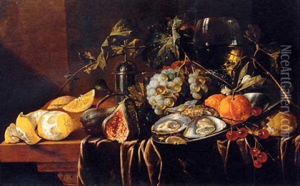 A Pronk Still Life With Oysters, Oranges And Cherries On A Pewter Plate, A Partly-peeled Lemon, A Plum, Grapes, A Fig, A Pewter Salt, A Bun, A Roemer And A Tall Flute On A Partly-draped Table Oil Painting - Jan Davidsz De Heem