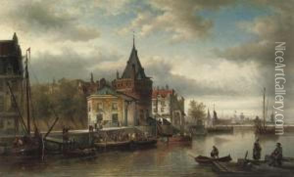A Busy Day Along The Prins Hendrikkade By The Schreierstoren, Amsterdam Oil Painting - Elias Pieter van Bommel