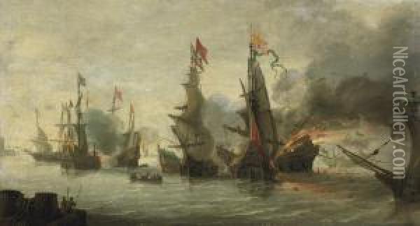 A Naval Engagement Between The Christians And The Turks Oil Painting - Andries Van Eertvelt