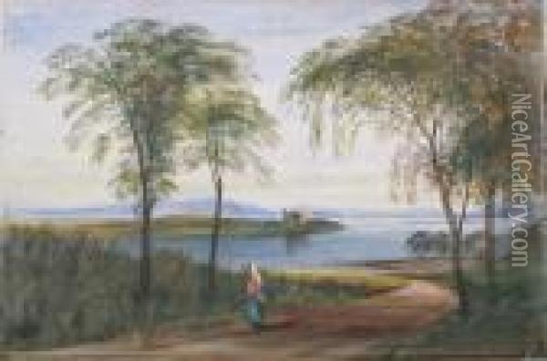 Dunstaffnage Castle With A Woman Walking On The Shore Oil Painting - Andrew Nicholl