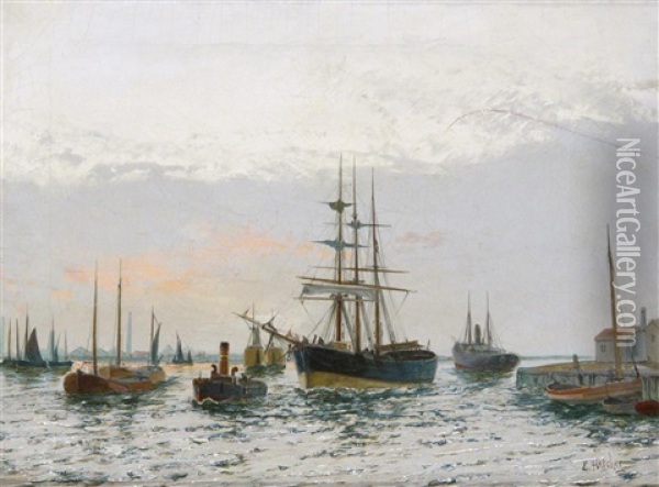 Estuary Scene With Shipping (pair) Oil Painting - Edward Henry Eugene Fletcher