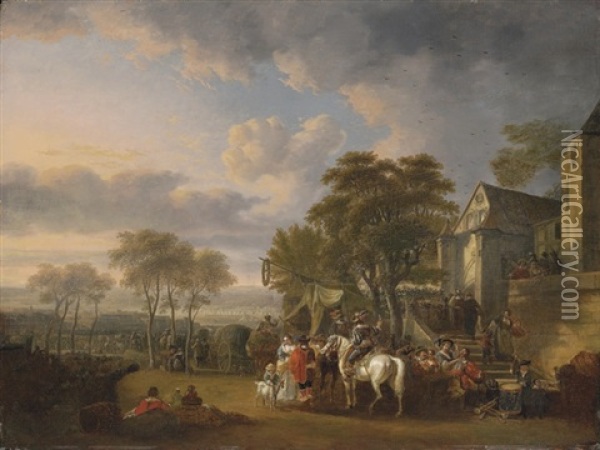 Cavalrymen At Rest By An Inn, A Military Encampment Beyond Oil Painting - Carel van Falens