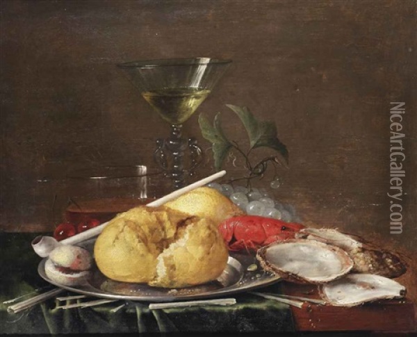 A Facon-de-venise Wine Glass, A Glass Of Beer, Cherries, A Bread Roll, An Apricot, A Clay Pipe And A Crayfish On A Pewter Plate, With Grapes, Oysters And Kindling On A Partially Draped Wooden Table Oil Painting - Jan Davidsz De Heem