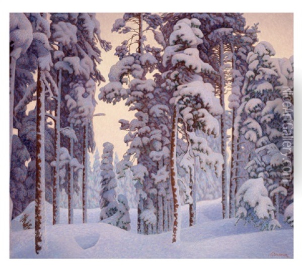 Snotyngt Vinterlandskap Oil Painting - Hilding Werner