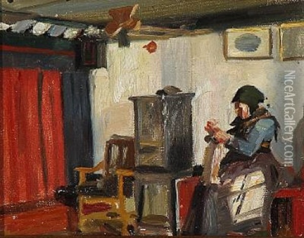 Interior With A Old Woman Knitting At The Stove Oil Painting - Georg Nicolaj Achen