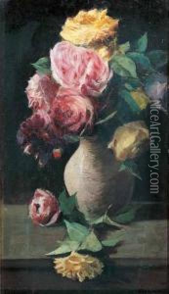 Vaso Di Rose Sul Tavolo Oil Painting - Ettore Cumbo