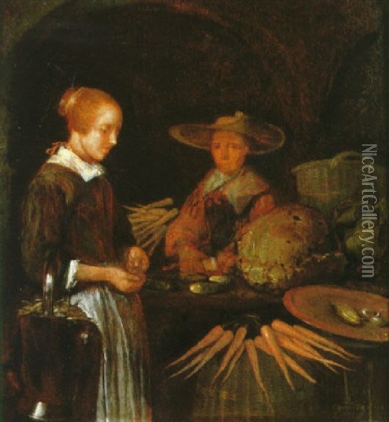A Maid At A Vegetable Stall Counting Her Money Oil Painting - Quiringh Gerritsz van Brekelenkam