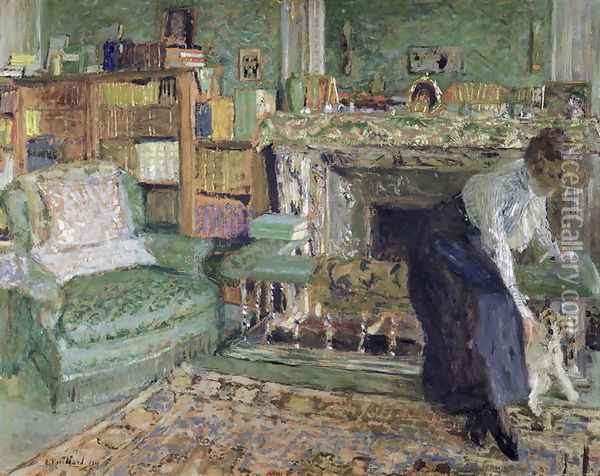 Marguerite Chapin in her Apartment with her dog, 1910 Oil Painting - Jean-Edouard Vuillard