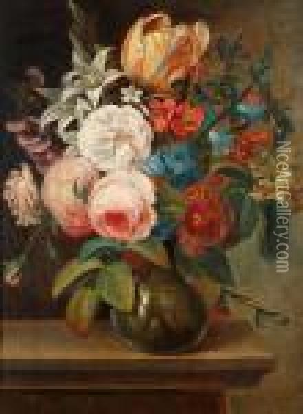Bloemen In Vaas Op Entablement Oil Painting - F. van Geit