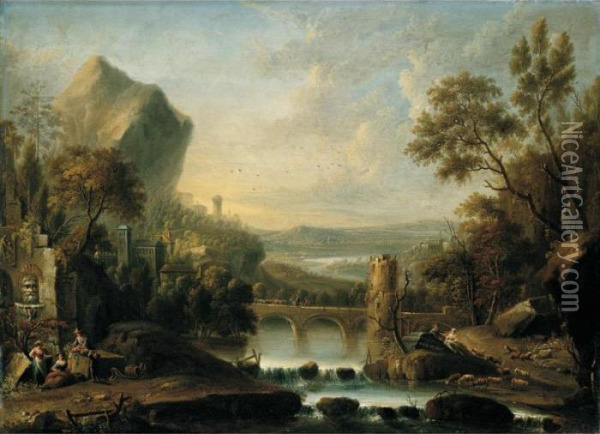 An Extensive Rhenish River 
Landscape With A Peasant Family Resting By A Path In The Foreground Oil Painting - Johann Christian Vollerdt or Vollaert