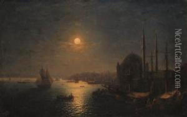A Moonlit View Of The Bosphorus 
Looking Towards The Seraglio Point,with The Mosque Of Ortaky On The 
Right Oil Painting - Ivan Konstantinovich Aivazovsky