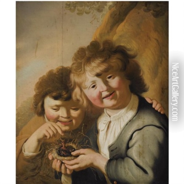 A Portrait Of Two Young Boys Holding A Bird's Nest Oil Painting - Jacob Adriaensz de Backer