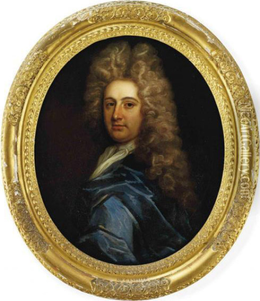 Portrait Of A Gentleman, Bust-length, In A Blue Wrap And A Whitestock Oil Painting - Sir Godfrey Kneller