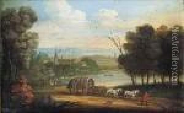 A Horsedrawn Wagon On A Track In An Extensive River Landscape Oil Painting - Marc Baets