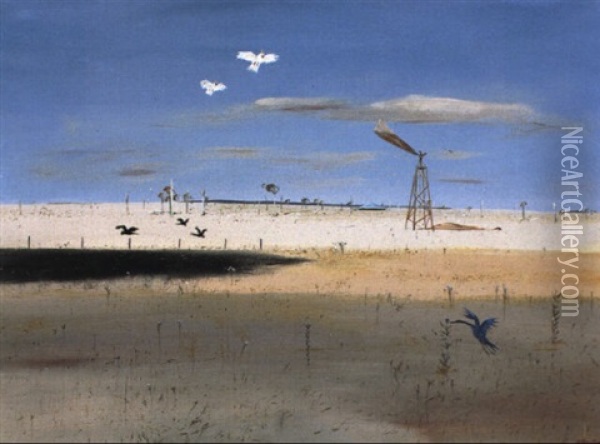 Wimmera Landscape With Windmill And White Cockatoos Oil Painting - Arthur Merric Boyd