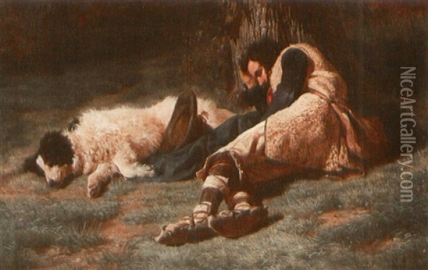 A Sleeping Shepherd And His Dog Oil Painting - Filippo Palizzi