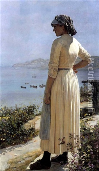 On The Look Out For Her Boat Oil Painting - Edward R. Taylor