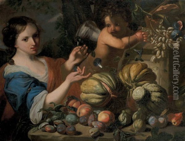 Jeune Femme Et Putto Cueillant Des Fruits Oil Painting - Abraham Brueghel