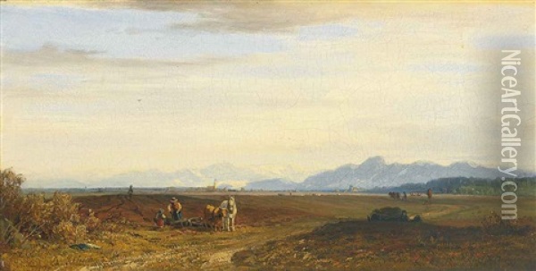 Fruhlingslandschaft Im Chiemgau Mit Pflugenden Bauern Und Gebirgshintergrund Oil Painting - Eduard Schleich the Elder