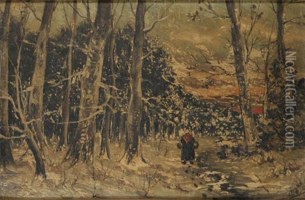 Winter Wooded Landscape With Figure Oil Painting - De Swerts Joz